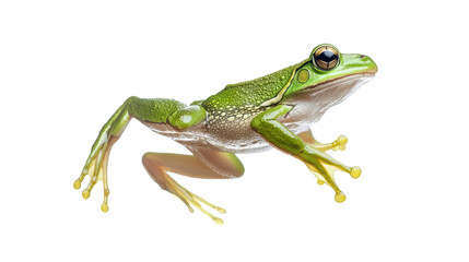 Fototapeta premium A vibrant green frog leaps gracefully, showcasing its smooth skin and distinctive features. This amphibian embodies beauty of nature with its lively expression and dynamic pose. 