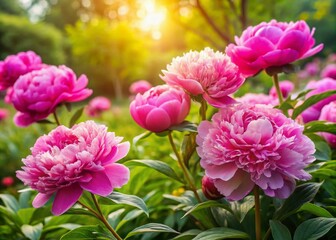 Fototapeta premium Lush, vibrant pink peonies bloom in a lush garden, surrounded by delicate greenery and soft, warm sunlight, evoking