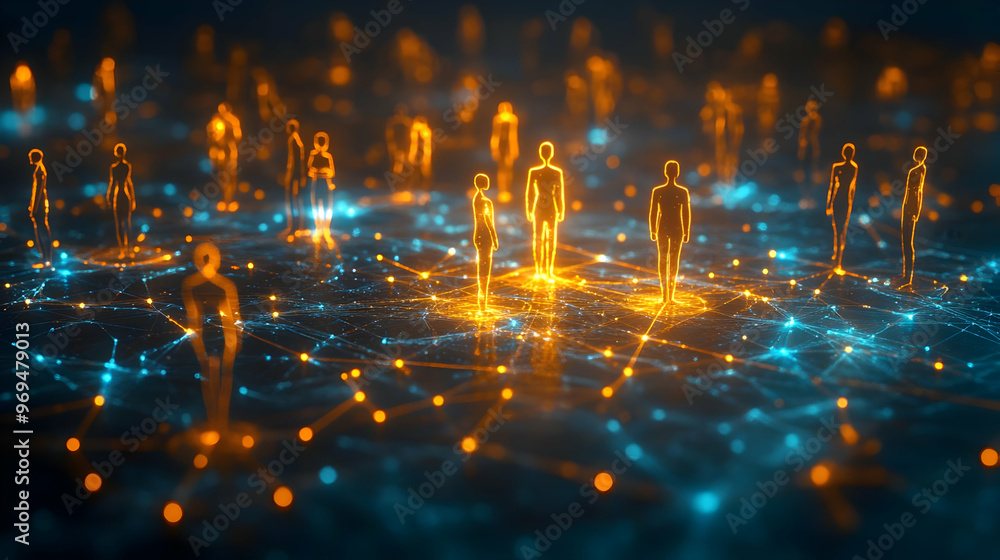 Poster abstract representation of interconnected human figures in a digital network.