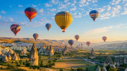 Fototapeta premium A bright blue sky dotted with hot air balloons in various colors, floating gracefully above the landscape.