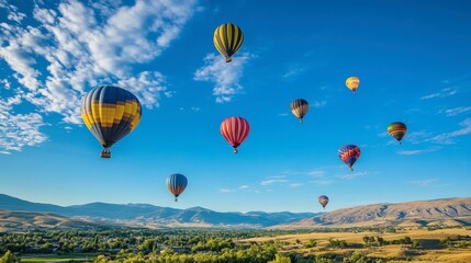 Obraz premium A bright blue sky dotted with hot air balloons in various colors, floating gracefully above the landscape.