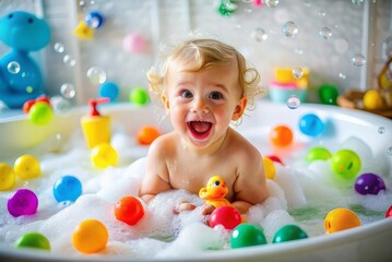 Fototapeta premium Little happy toddler bathes in a bathtub