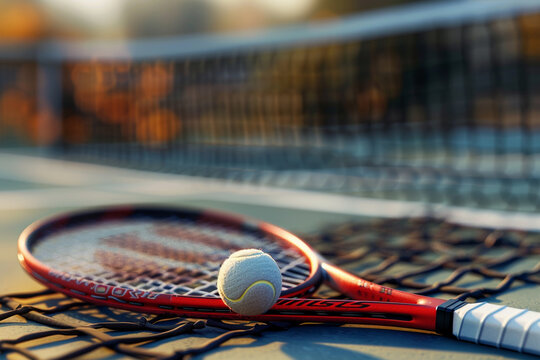 Tennis Racket and Ball on a Court &ndash; Blurred Net in the Foreground Evokes Pre-Match Tension, Perfect for Capturing the Excitement of Competitive Sports