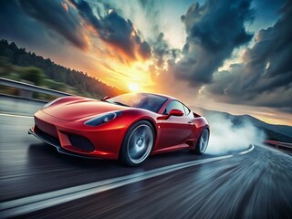 Luxury sports car speeding down a winding road, sleek red design glistening in sunlight, wheels spinning with smoke