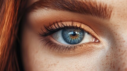 Obraz premium Macro close-up of a beautiful female eye, showcasing natural makeup, soft lashes, and perfect skin detail, with a radiant and elegant look