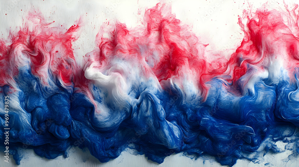 Poster abstract swirling patterns in red, white, and blue create a dynamic visual effect.