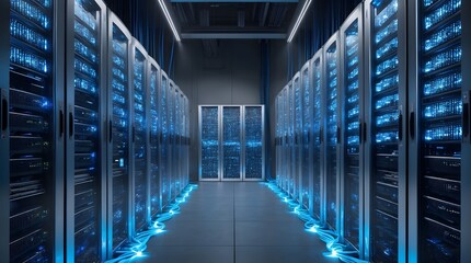 Fototapeta premium High-tech server room with illuminated racks showcasing advanced data storage technology