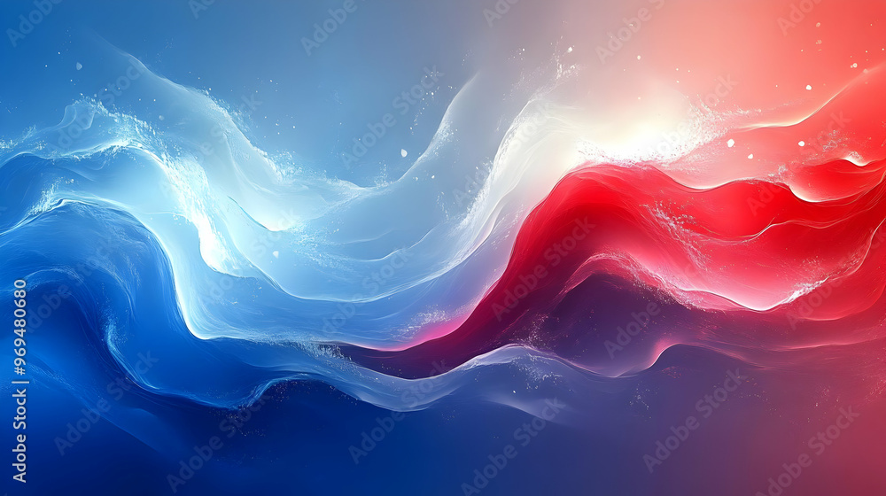Poster abstract waves in blue and red, creating a dynamic visual flow.