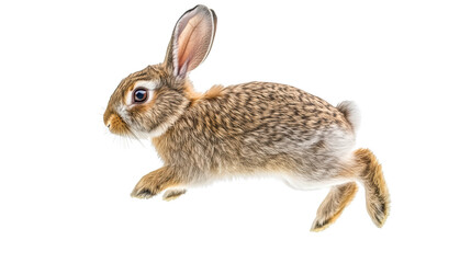 A lively rabbit leaps gracefully, showcasing its soft fur and alert expression. This energetic pose captures essence of playful and curious creature in motion. 