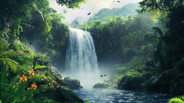 A cascading waterfall in the middle of a tropical rainforest, with birds and wildlife visible in the background.