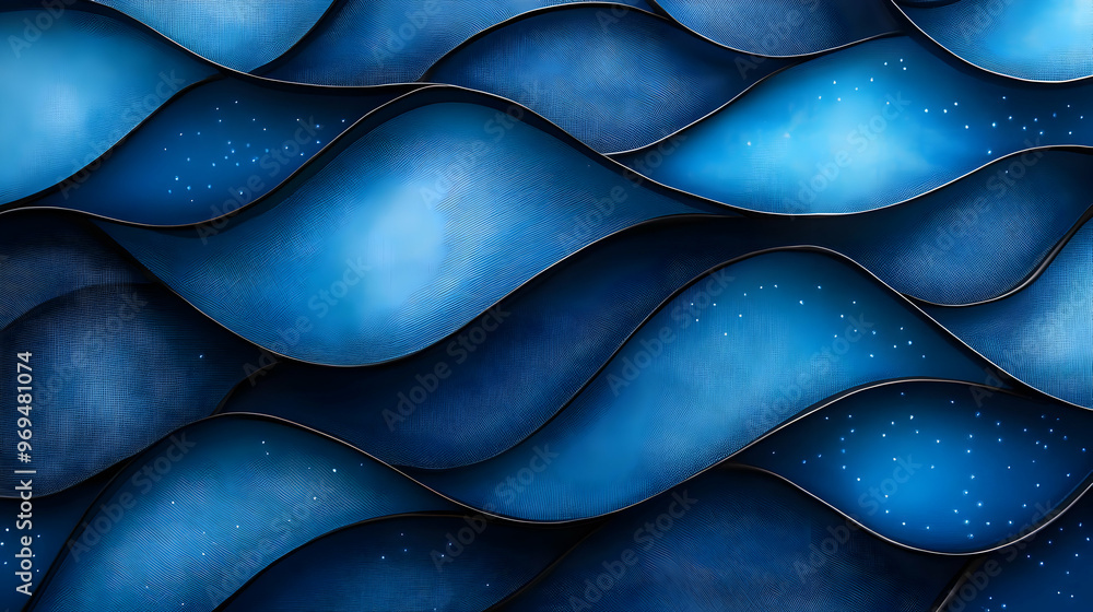 Poster abstract waves in shades of blue, creating a fluid and dynamic visual effect.
