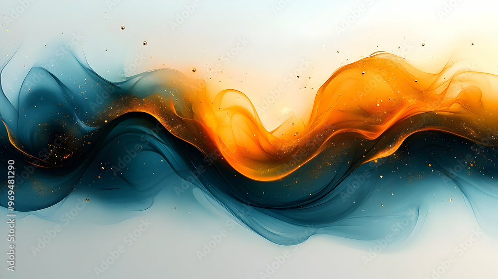 Poster abstract waves of color blending in a dynamic flow of orange and blue hues.