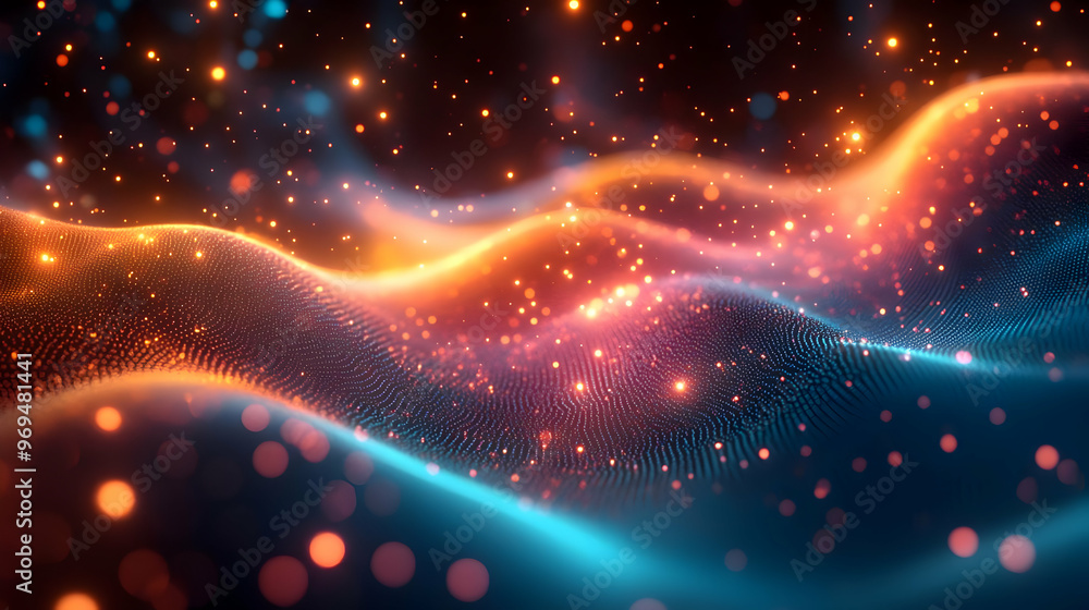Poster abstract waves of light and particles creating a dynamic visual experience.