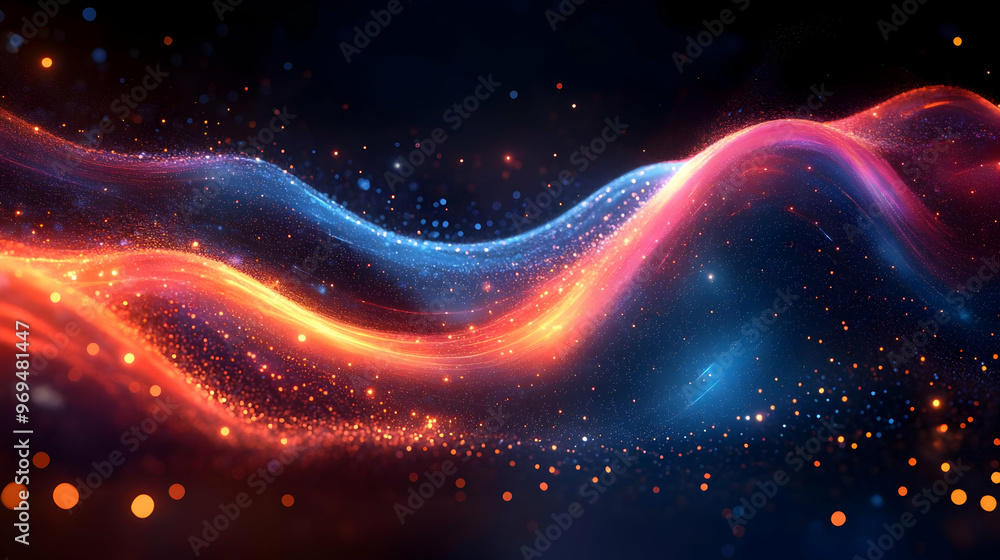 Poster abstract waves of light in vibrant colors, creating a dynamic and energetic visual effect.