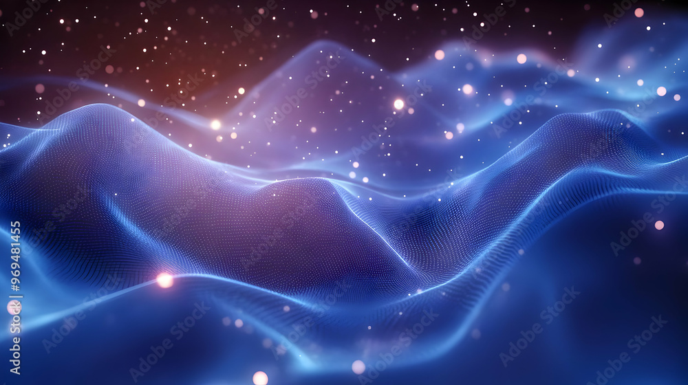 Poster abstract waves of light with a cosmic feel, creating a serene and futuristic atmosphere.