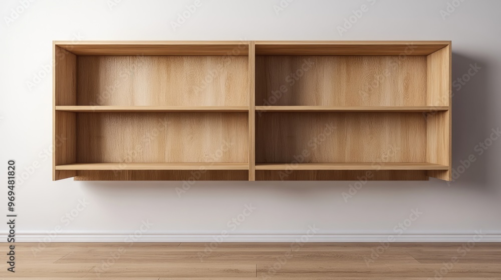 Poster 3d rendering of an empty wooden bookshelf, featuring simple, clean lines and a minimalist aesthetic,