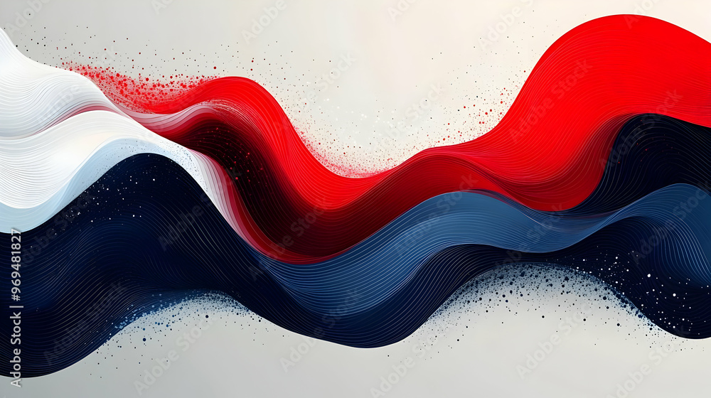 Poster abstract waves of red, white, and blue create a dynamic visual flow.