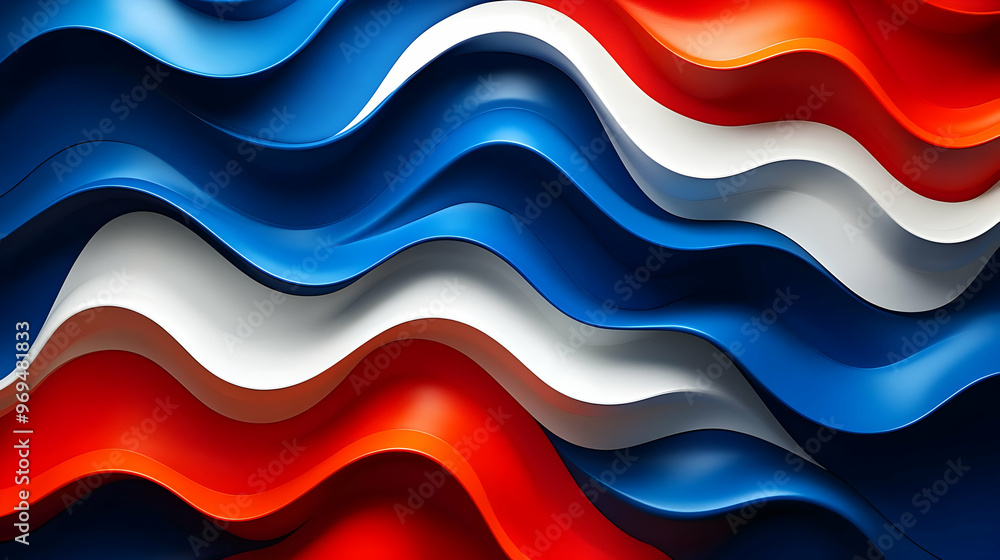 Poster abstract waves of red, white, and blue create a dynamic, flowing pattern.