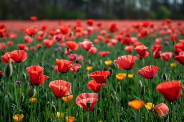Fototapeta premium A vibrant field of red poppies and colorful blooms sways gently under the bright sunlight in spring