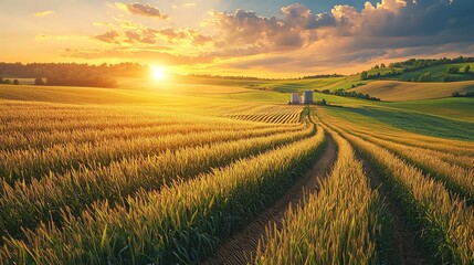 Fototapeta premium Beautiful sunset over wheat field with rolling hills, capturing serene rural landscape and golden sunlight.