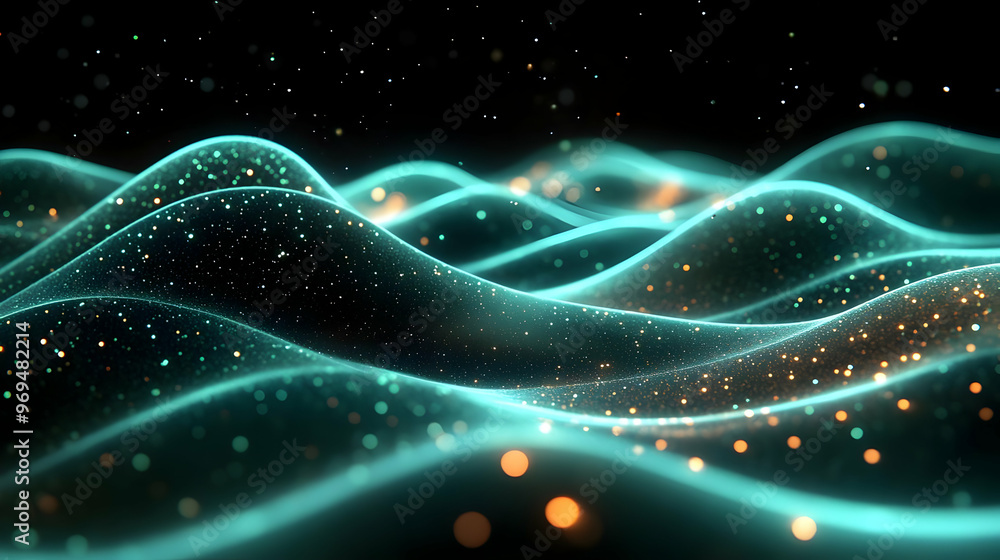 Aufkleber abstract waves with glowing particles in a dark background, creating a dynamic visual effect.