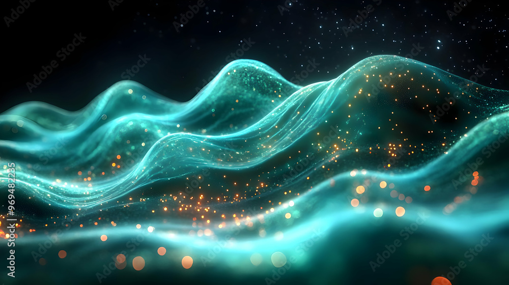 Poster abstract waves with glowing particles, evoking a sense of movement and depth.