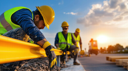 a team of construction workers installing guardrails along a newly paved highway