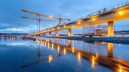 Obraz premium a newly constructed bridge spanning a wide river, with cranes and scaffolding still visible