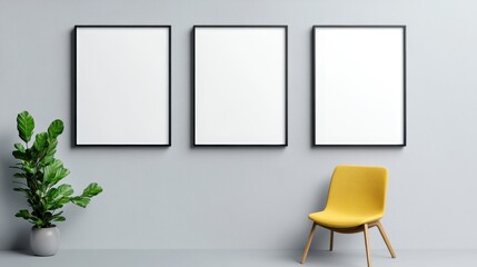 Minimalist interior with empty frames, modern chair, and potted plant against a grey wall. Perfect for art or decor inspiration.