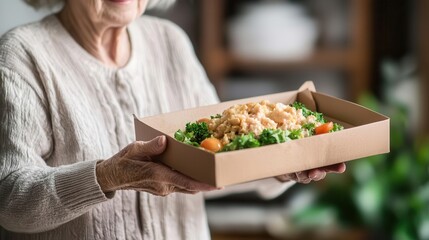 Senior woman receiving a homedelivered meal from a public health nutrition program, elderly meal delivery, nutrition support
