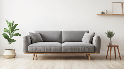 Fototapeta premium A modern living room featuring a gray sofa, plants, and minimal decor.