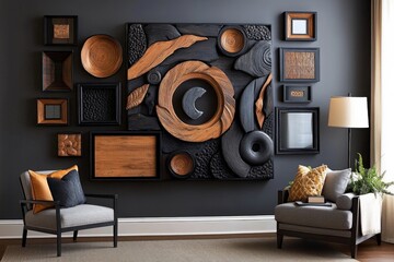 Wall of frames combining different textures and materials, including wood, metal, and glass, for a layered, eclectic look
