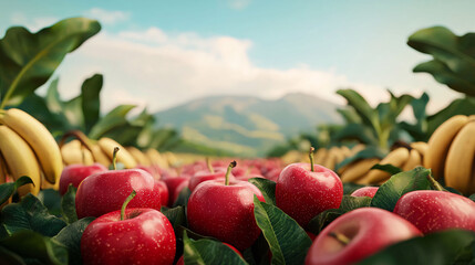 Obraz premium Fresh apples and bananas are beautifully arranged in vibrant farm setting, showcasing healthy harvest under clear sky. lush greenery and distant mountains enhance serene atmosphere