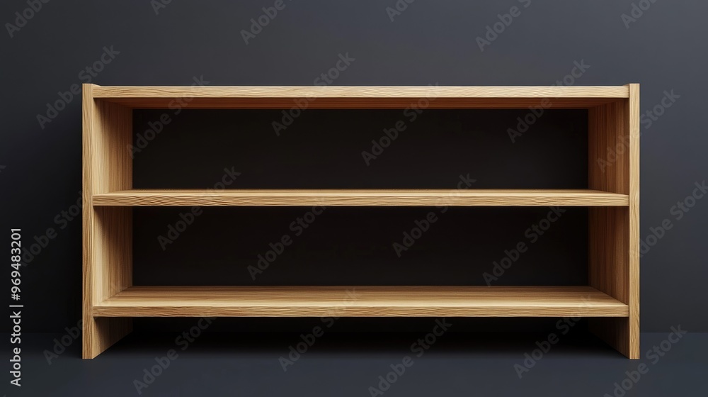 Poster 3d rendering of an empty wooden bookshelf, featuring simple, clean lines and a minimalist aesthetic,