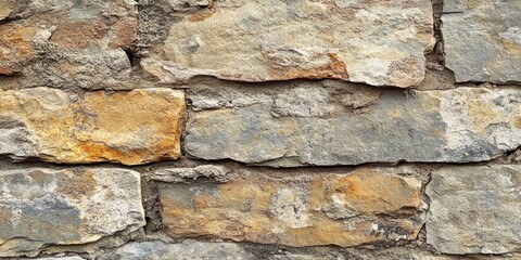 Obraz premium Close-up of a weathered stone wall with irregular mortar joints