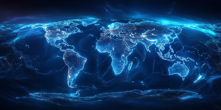 Fototapeta A glowing blue world map with continents outlined in white, with dark blue ocean and  abstract energy lines.