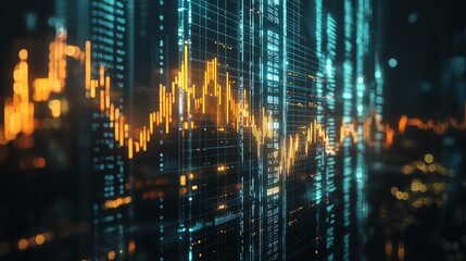 A stunning close-up of glowing financial data visualizations, showcasing trends and statistics in a digital atmosphere.