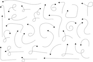 Hand drawn dotted arrows. Hand drawn freehand different curved lines, swirls arrows. Curved arrow line. Doodle, sketch style. Isolated Vector illustration.