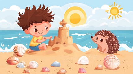 Sun-soaked Sandcastle Fun: Cheerful Boy and Hedgehog at the Beach - Children's Book Cover Illustration in Kawaii Vector Art Style