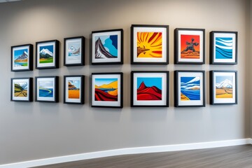 Wall of frames featuring travel-inspired art in sleek, modern frames, arranged symmetrically on a neutral wall