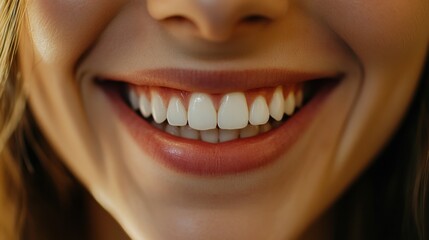 Naklejka premium A close-up of a smiling mouth with bright white teeth, lips slightly parted in a natural, happy expression.