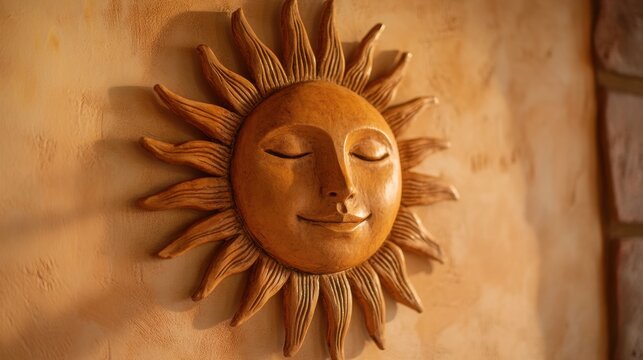 A close-up of a terracotta sun face hanging on a wall, its warm, earthy tones blending beautifully with the surrounding decor.