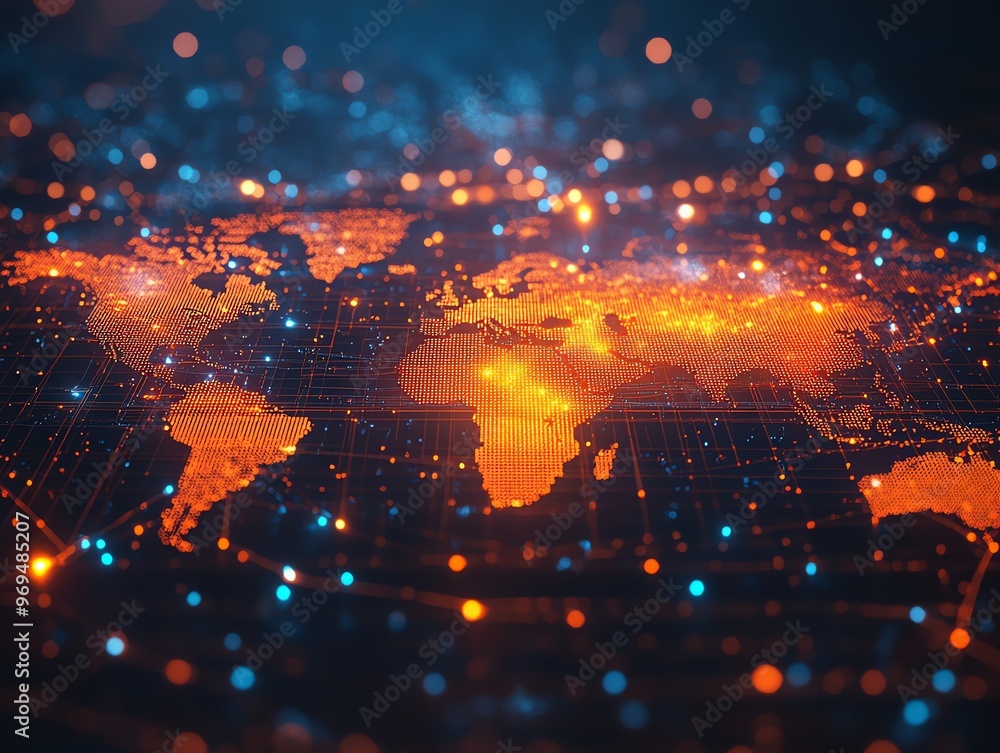 Aufkleber A glowing digital world map with lines and points of light representing global connections and communication.