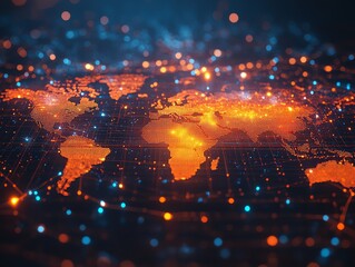 A glowing digital world map with lines and points of light representing global connections and...