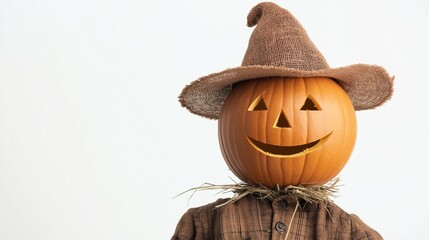 Festive halloween pumpkin is carved with a cheerful face and dressed up in a hat and shirt, capturing the spirit of the autumn holiday