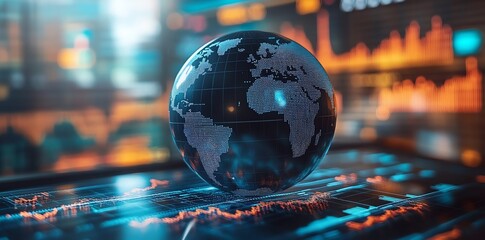 A glowing digital globe sits on a glowing screen with graphs and data.