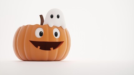 Fototapeta premium Charming halloween pumpkin with a cute ghost, perfect for festive designs. Great for cards, invites, banners, and social media. Add whimsy to your project!