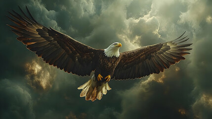 Obraz premium An eagle soaring through dramatic clouds, symbolizing freedom and strength.