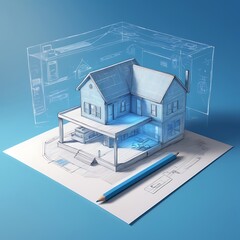 Holographic 3D Smart House on Blue Background