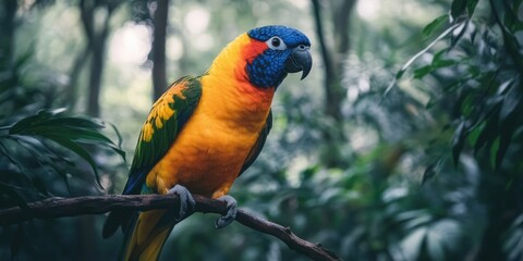 Bird perched on forest branch